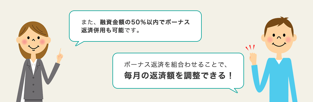 また、融資金額の50％以内でボーナス返済併用も可能です。　ボーナス返済を組み合わせることで毎月の返済額を調整できる！