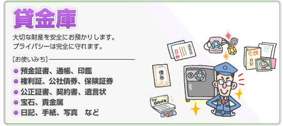 貸金庫：大切な財産を安全にお預かりします。プライバシーは完全に守れます。