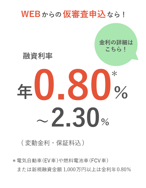 WEBからの仮審査申込なら！融資利率0.80%から2.30%(変動金利・保証料込)