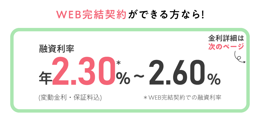 WEBからの仮審査申込なら！融資利率0.80%から2.30%(変動金利・保証料込)