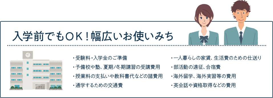 入学前でもＯＫ！幅広いお使いみち