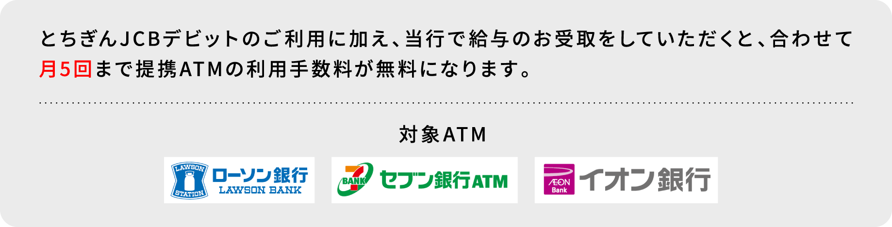 とちぎんJCBデビットのご利用に加え、当行で給与のお受取をしていただくと、合わせて月5回まで提携ATMの利用手数料が無料になります。