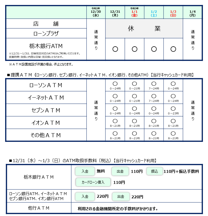 年末年始営業のご案内 栃木銀行について とちぎん 栃木銀行